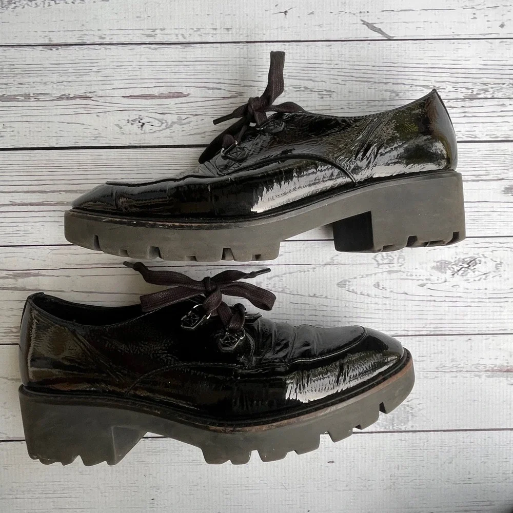 Donald Pliner Black Patent Crinkle Leather Chunky Lug Sole Oxford Shoes Women 9